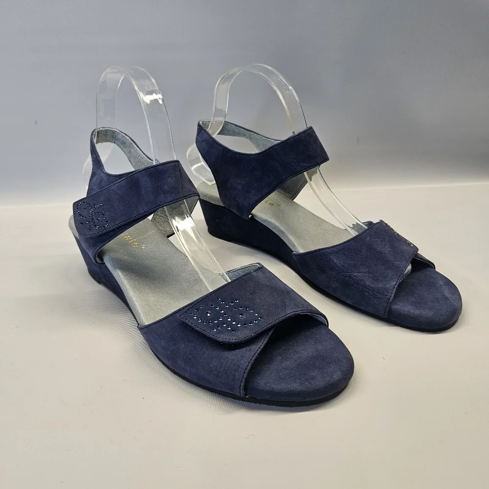 David Tate Wedge Heels Blue Suede Leather Adjustable Straps Jewels Womens 9.5